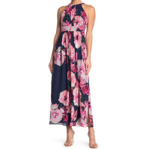 $178 Eliza J Anthropologie Halter Ruffle Maxi Dress Blue Pink 0P Maxi Floral